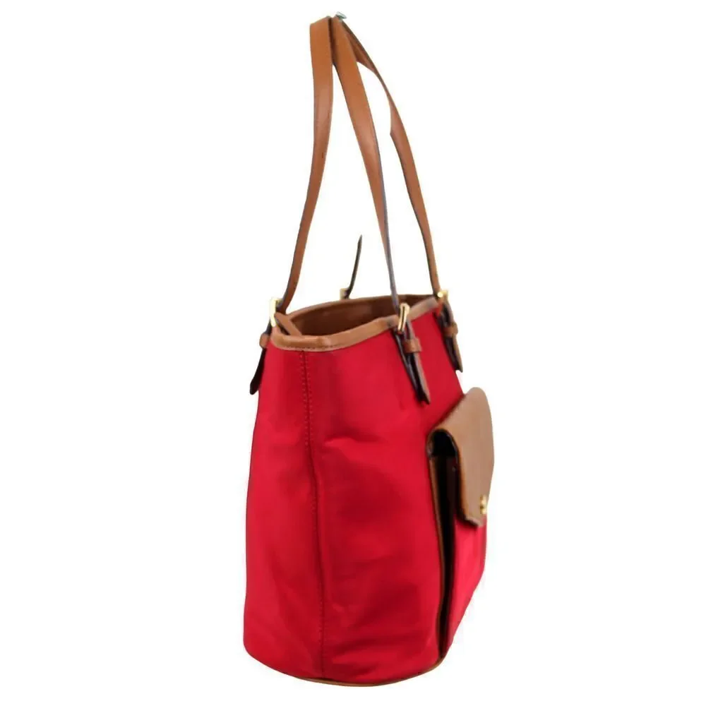 MICHAEL KORS RED NYLON CANVAS TAN BROWN GENUINE LEATHER TRIM TOTE SHOULDER BAG